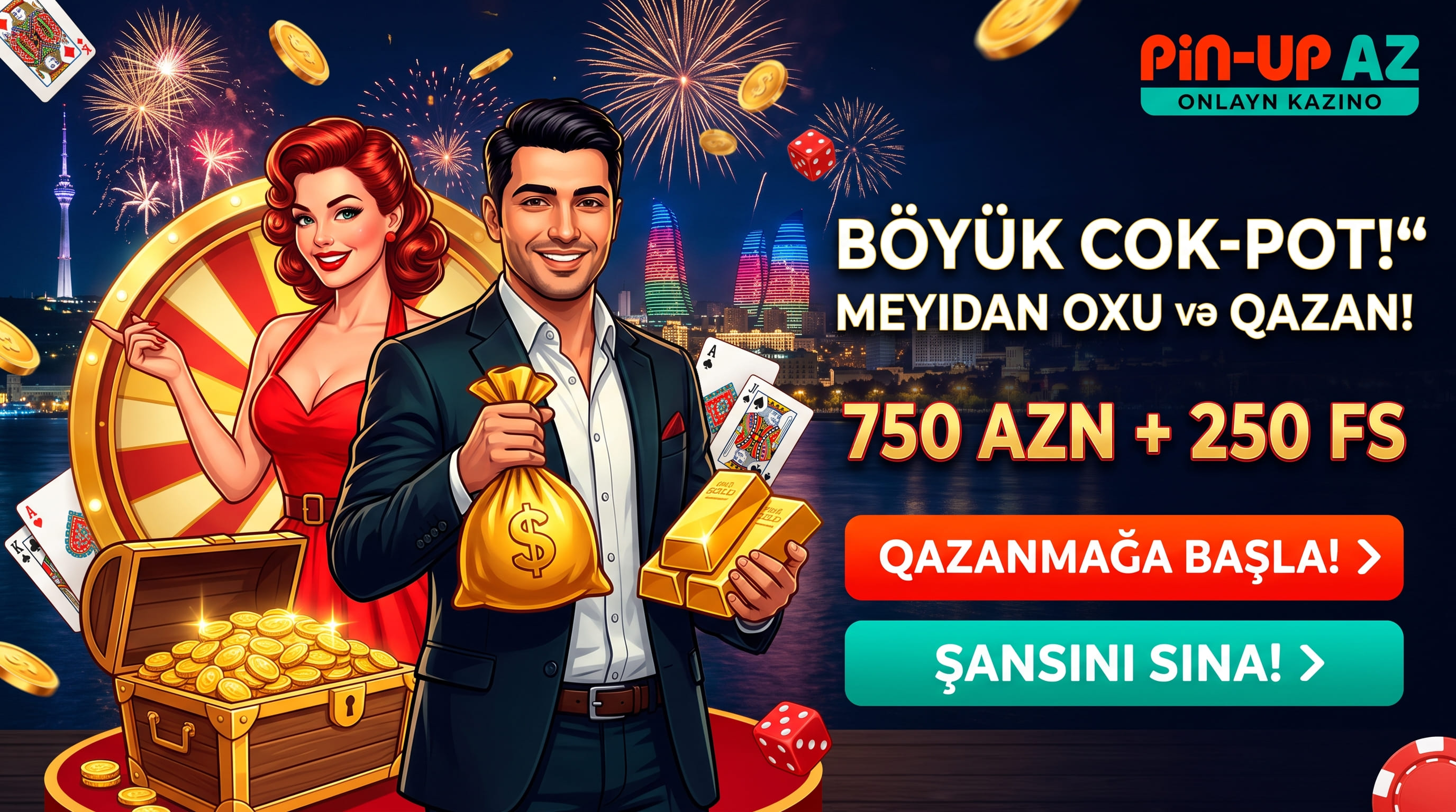 Qızıl kisə, külçələr və çarx fonunda cütlük, gecə şəhər silueti