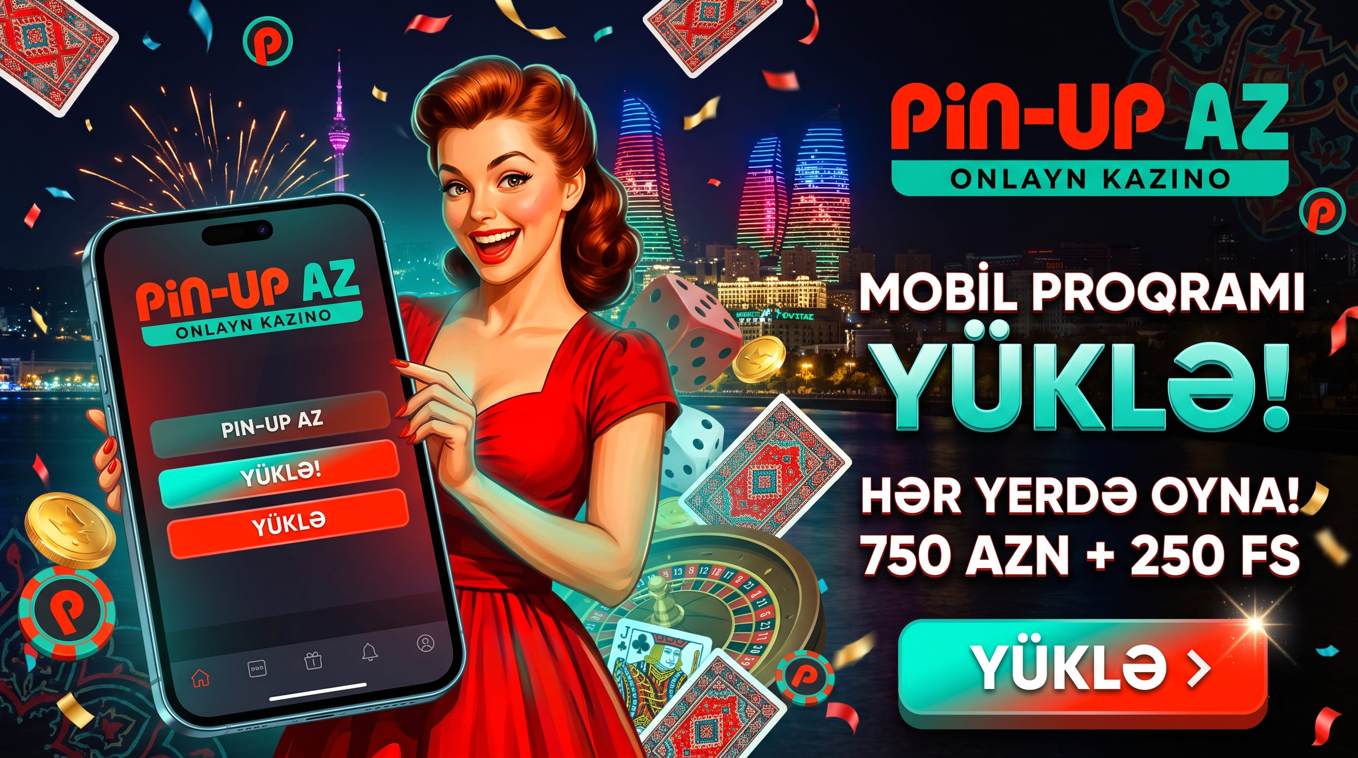 Əlində telefon tutan fiqur və gecə işıqlı qüllələr fonunda mobil səhifə