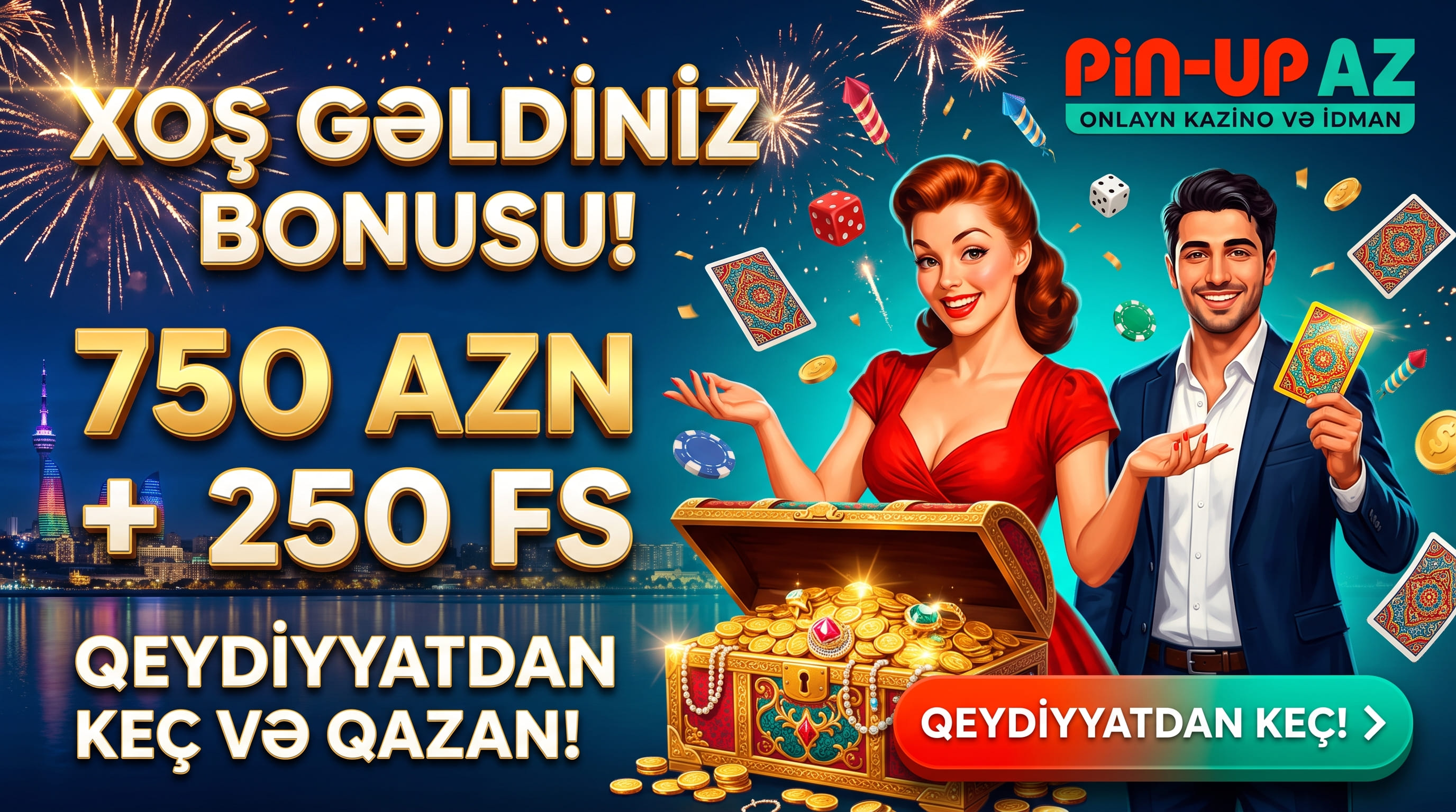 Xəzinə sandığı və 750 manat üstəgəl 250 pulsuz fırlanma yazısı olan qarşılama afişası